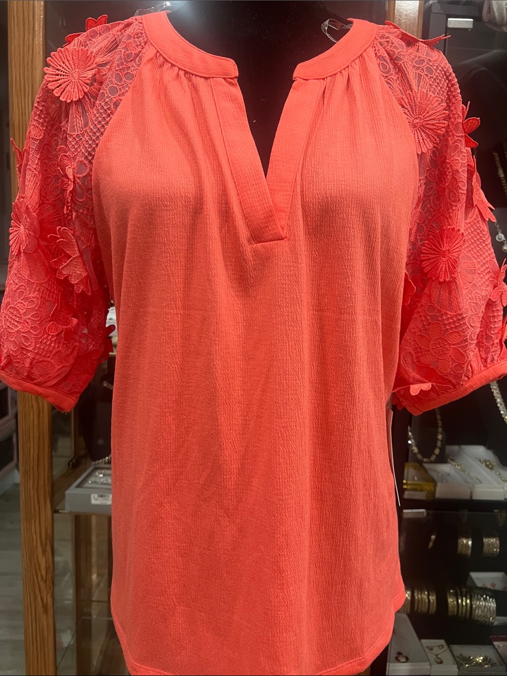 Cato Coral Lace-Sleeve V-Neck Blouse